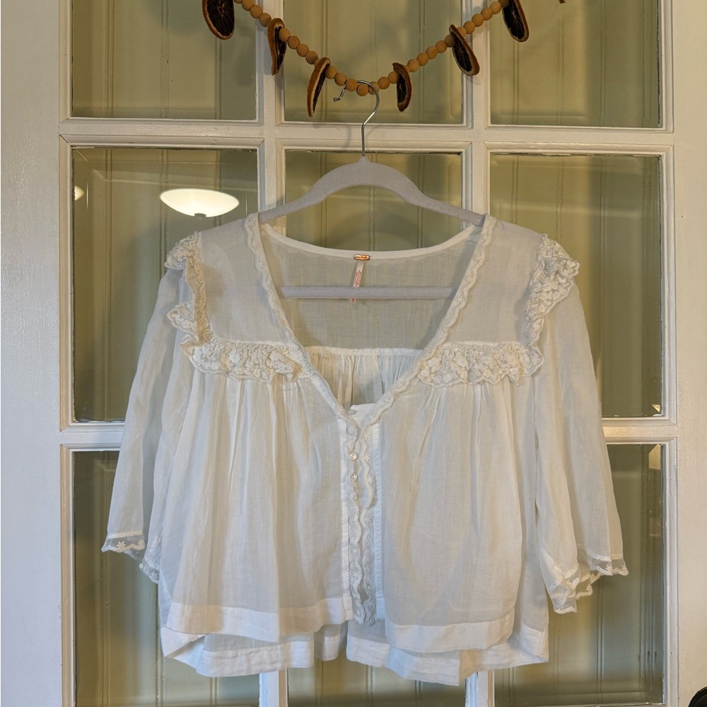 Free People Elegant White Lace Trim Blouse